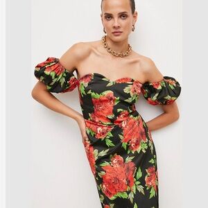 Italian Signature Stretch Rose Print Bardot Midi Dress